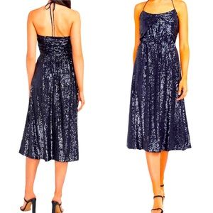 NWT Express M Navy/Black Sequin Halter Back Dress